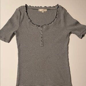 LOFT Black & White Striped Ribbed Henley Tee